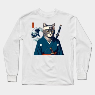 Vaporwave Samurai Cat Great Wave Off Kanagawa Long Sleeve T-Shirt